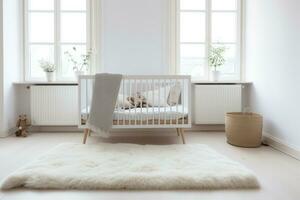 simples, branco bebê quarto com berço e tapete. foto