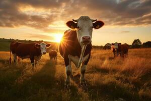 vacas pastar às pôr do sol em uma Fazenda. foto