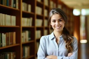 feliz jovem mulher dentro uma biblioteca às Faculdade foto