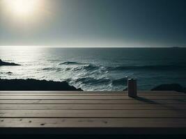 de madeira mesa e borrão tropical de praia fundo, produtos exibição montagem. Alto qualidade foto 8k fhd ai gerado