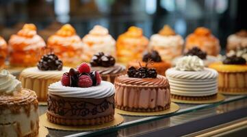 pequeno bolos em exibição às a pastelaria contador. foto
