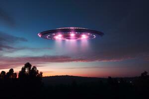 misterioso UFO avistamento dentro a crepúsculo céu emitindo a iridescente brilho e hipnotizante luz padrões ai generativo foto