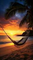 sereno tropical de praia cena às pôr do sol com Palma árvores, uma maca, e suave areia ai generativo foto