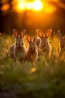 uma família do selvagem coelhos desfrutando a Hora dourada Visão dentro uma gramíneo campo ai generativo foto