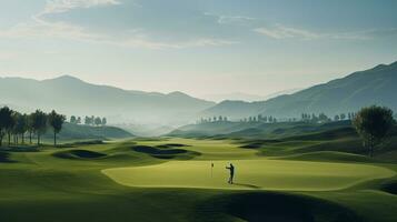 experiência do golfe no meio a grande extensão do natureza e belas aceso panorama ai generativo foto