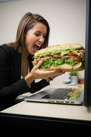malabarismo sanduíche e planilhas - mulher humorístico almoço de trabalho Saldo ai generativo foto
