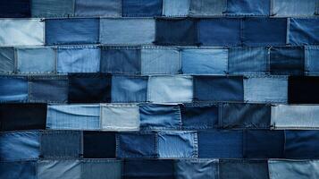 criativo patchwork do jeans texturas dentro vários tons do azul, ideal para centrado na juventude moda anúncios ai generativo foto