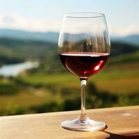 fechar-se do vidro do vermelho vinho refletindo Vinhedo panorama oferta sereno ambiente ai generativo foto