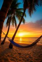 sereno tropical de praia cena às pôr do sol com Palma árvores, uma maca, e suave areia ai generativo foto