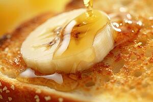 banana brinde, macro tiro do uma fresco café da manhã com gotejamento mel, ai gerado foto