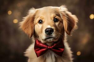 cachorro vestindo uma vermelho arco gravata, generativo ai foto