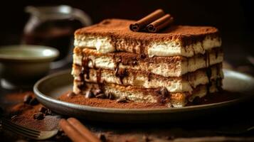 uma fechar-se revista qualidade tiro do uma belas em camadas Tiramisu com cremoso mascarpone e Empoeirado cacau ai gerado foto