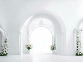 branco quarto com curva e flores, generativo ai ilustração. foto
