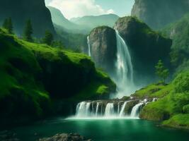 montanha com cascata verde natureza, generativo ai ilustração. foto