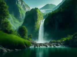 montanha com cascata verde natureza, generativo ai ilustração. foto