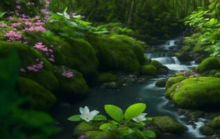 uma rio dentro floresta com muitos plantas, generativo ai ilustração. foto