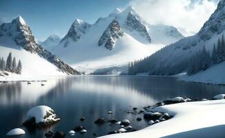 lago e Nevado montanha fundo, generativo ai ilustração. foto