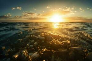 oceano lixo pôr do sol. gerar ai foto