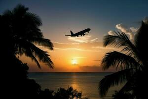 avião tropical pôr do sol pousar. gerar ai foto