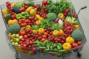 compras carrinho com uma muitos do frutas e vegetais, ai gerado foto