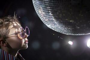 uma jovem Garoto com óculos parece às uma fiação discoteca bola. crianças discoteca, Festa. foto