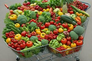 compras carrinho com uma muitos do frutas e vegetais, ai gerado foto