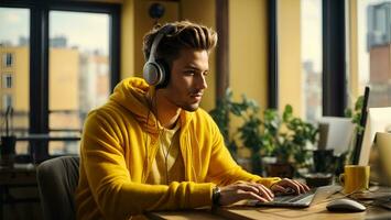 jovem bonito homem trabalhando a partir de casa em Área de Trabalho computador dentro ensolarado à moda loft apartamento. criativo desenhador vestindo acolhedor amarelo suéter e fones de ouvido. urbano cidade Visão a partir de grande janela.. ai gerado foto