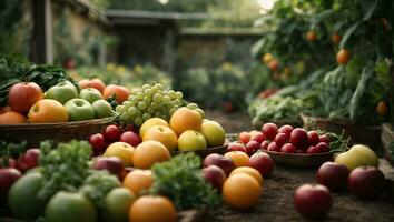 orgânico fruta e vegetal jardim fundo. ai gerado foto