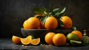 laranja citrino fruta em uma pedra mesa. laranja fundo.. ai gerado foto