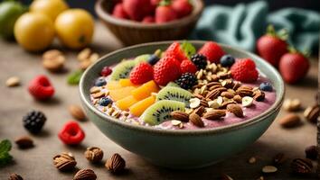 batido tigela coberto com fruta e nozes para uma saudável, satisfatório café da manhã. ai gerado foto