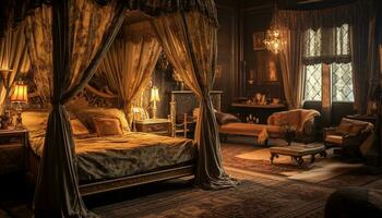 luxo quarto com moderno projeto, confortável cama, e elegante decoração gerado de ai foto
