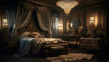 acolhedor quarto com elegante decoração, luxuoso roupa de cama, e Antiguidade luminária gerado de ai foto