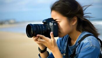 jovem adulto fotógrafo segurando Câmera, capturando natureza beleza ao ar livre gerado de ai foto