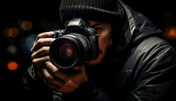 uma jovem adulto fotógrafo capturando uma retrato dentro a inverno gerado de ai foto
