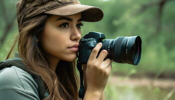 jovem adulto mulher, fotógrafo, ao ar livre, capturando natureza beleza com Câmera gerado de ai foto