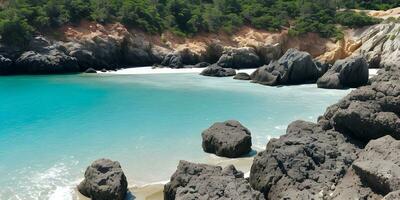 verão de praia panorama de cênico pedras primeiro plano. ai generativo foto