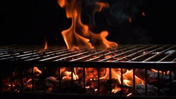 carvão fogo dança, flamejante grade conjunto contra uma Preto cozinhando fundo. ai gerado foto
