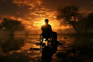 Desativado pessoa dentro cadeira de rodas silhueta, promovendo consciência ai gerado foto