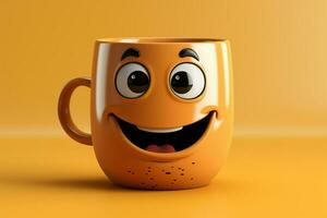 alegre café copo personagem sorrindo, conjunto em amarelo pano de fundo amplo cópia de área ai gerado foto