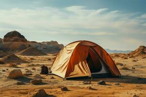 arenoso solidão acampamento sozinho dentro estéril deserto, longe a partir de civilizações urgência ai gerado foto