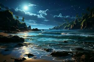estrelado litoral ondas cascata para arenoso de praia abaixo uma celestial marquise às noite ai gerado foto