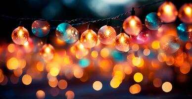 festivo brilhante colori Natal festão em borrado bokeh fundo, Novo ano bandeira - ai gerado imagem foto