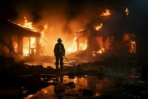 carbonizado casa, bombeiro empunha água, extinção ardente sobras do a chama ai gerado foto