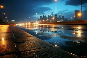 noite rodovia lado Visão asfalto estrada brilha debaixo cidade luzes, urbano cena ai gerado foto
