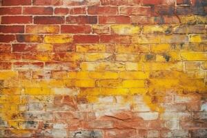 desatado padronizar textura fundo com a envelhecido amarelo e vermelho tijolo muro. ai gerado foto