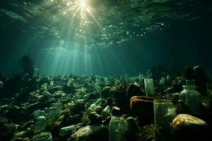 aberto mar arruinado de plástico garrafas e microplásticos, destacando a desafio do poluição ai gerado foto