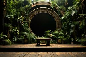botânico pano de fundo com de madeira estágio, naturezas teatro dentro sereno harmonia ai gerado foto