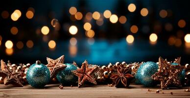panorâmico Natal fundo, brilhante lindo Novo anos bolas em uma borrado fundo - ai gerado imagem foto