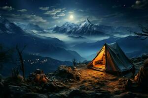elevado noite acampamento barraca empoleirado dentro montanhas, debaixo a luas vigilante olhar ai gerado foto