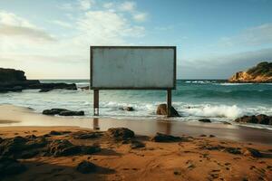 marinho Painel publicitário tela de pintura esvaziar quadro, Armação conjunto em de praia com oceano panorama ai gerado foto